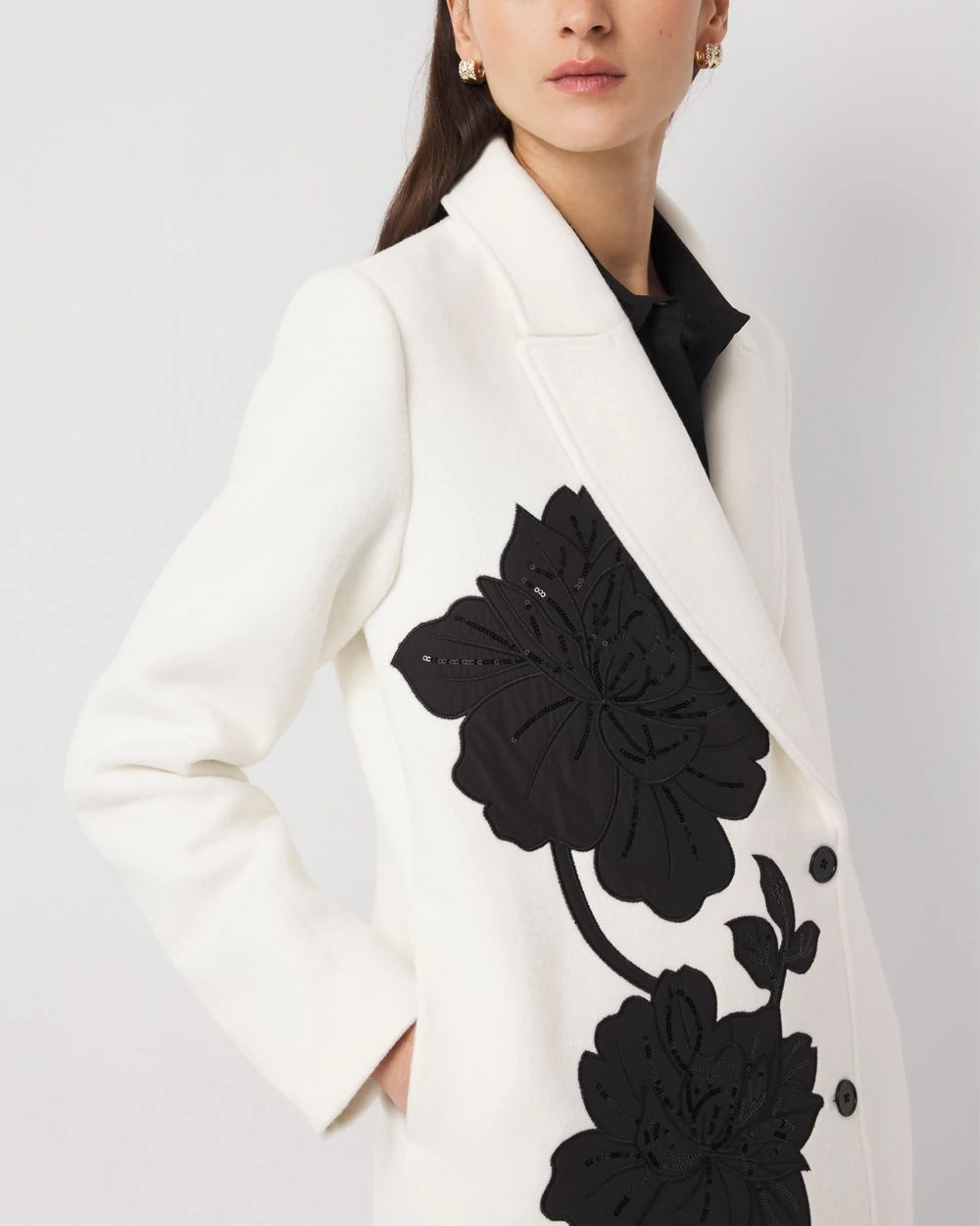 Floral Embellished Wool-Blend Melton Coat | White House Black Market